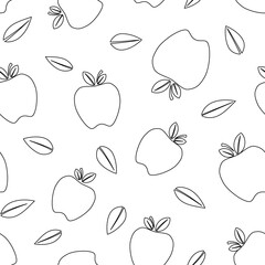 Apple black and white, outline, apple and leaves drawing, seamless pattern.