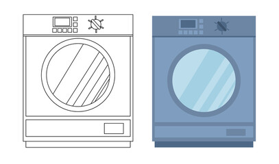 Vector set of two washing machines isolated on a white background.  metal washing machine in a flat style and a linear diagram on a white background.