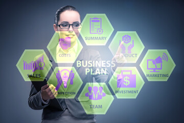 Business plan concept with businesswoman pressing button