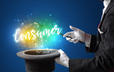 Magician hand conjure with wand and Consumer inscription, shopping concept