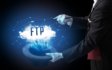 Magician is showing magic trick with FTP abbreviation, modern tech concept