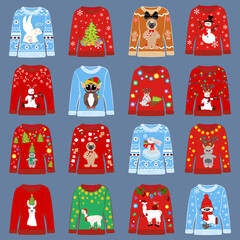 Chrismas party ugly sweater set vector illustration