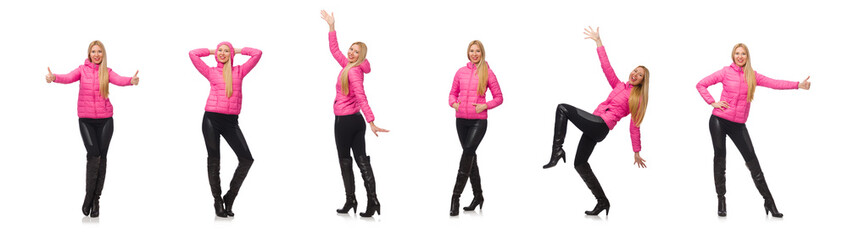 Pretty girl in winter pink jacket isolated on white