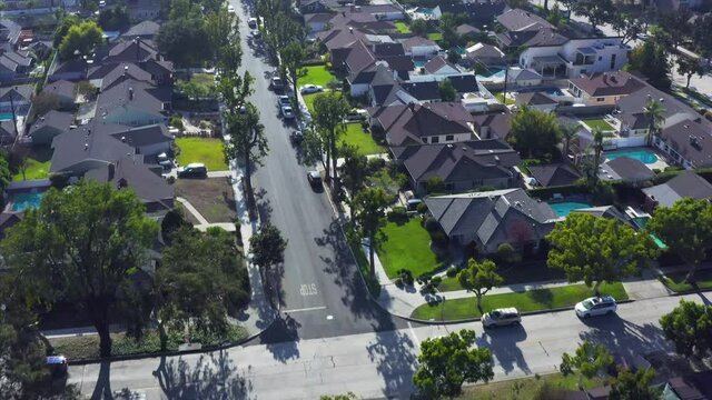 Residential Street and Homes Drone Aerial View in Burbank California