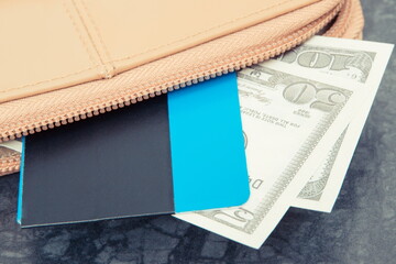 Currencies dollar and credit card with leather wallet. Choice between cashless or cash payment
