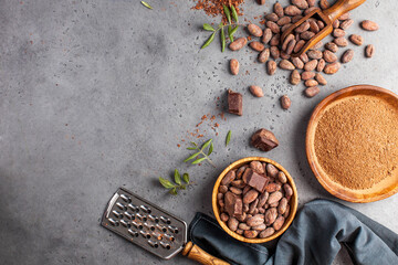 Cocoa beans, cocoa powder, raw chocolate on a gray background. The concept of healthy eating. Copy space.