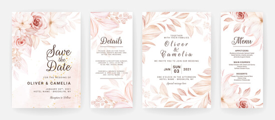 Floral wedding invitation template set with brown roses flowers and leaves decoration. Botanic card design concept