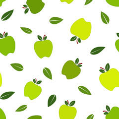 Fototapeta na wymiar Green apple and leaves, flat vector illustration over white background seamless pattern
