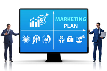 Fototapeta na wymiar Marketing concept illustration with businessman pressing button