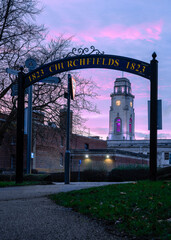 Sunrise in Barnsley Town Centre. Showing Barnsley town hall