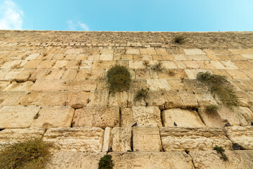 A low angle view of the stones of the Western Wall in Jerusalem, Israel