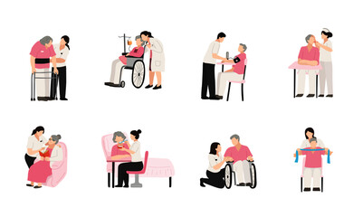 elderly care, old people care activities cartoon flat faceless design