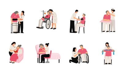 elderly care, old people care activities cartoon flat design
