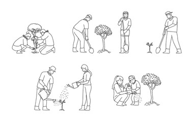 afforest, growing up tree, planting cartoon doodle black line hand drawing style