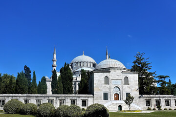 Fototapeta na wymiar An ancient white-stone mosque. Domes and mtnarets against the blue sky. Around are green trees, bushes. Istanbul. Turkey.