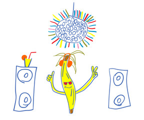 Banana party handdrawn vector illustration. Night club with music. Fun image cartoon style.