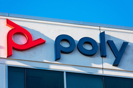 Poly, logo on headquarters building. Poly is an electronics company producing audio communications equipment for business and consumers. - San Jose, California, USA - 2020