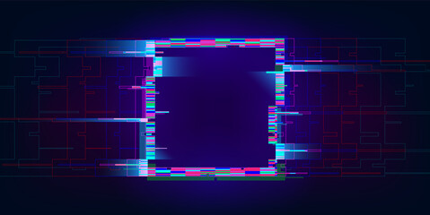 Glitch rectangle. Distorted glowing rectangle cyberpunk style. Futuristic geometry shape with TV interference effect. Design for promo music events, games, web, banners, backgrounds. Vector