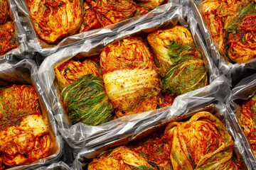 The most famous Korean traditional food Kimchi(napa cabbage) stored in Kimchi container. Make a Kimchi concept. Top view.
 - obrazy, fototapety, plakaty