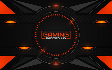 Abstract futuristic black and orange gaming background with modern esport shapes. Vector design template technology concept can use element game banner, sport poster, cyber wallpaper, web streaming © Majri