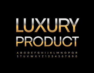Vector premium logo Luxury Product. Elegant Gold Font. Metallic chic Alphabet Letters and Numbers