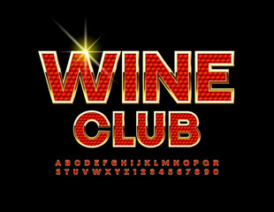 Vector elite banner Wine Club. Textured Red and Gold Font. Luxury Alphabet Letters and Numbers set