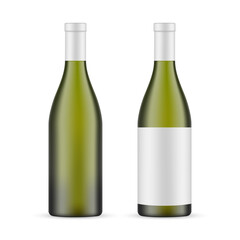 Green Glass Wine Bottle With Label and Blank Mockup Isolated on White Background. Vector Illustration