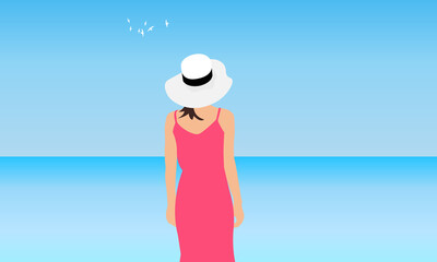 Young woman in coral dress and white hat stands on background of blue sea and sky, back view. Vector illustration