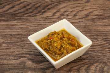 Green spicy sauce in the bowl