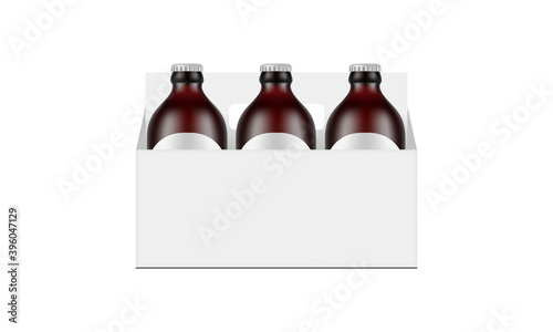 Paper Carrier Packaging Box Mockup With Dark Amber Glass Small Beer Bottles Isolated On White Background Vector Illustration Wall Mural Evz