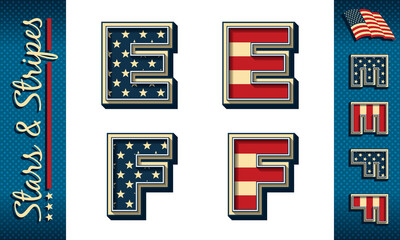 Letters E and F. Stylized vector initials with USA flag elements and colors, isolated on white with example on dark background.