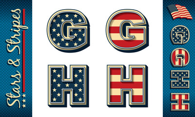 Letters G and H. Stylized vector initials with USA flag elements and colors, isolated on white with example on dark background.
