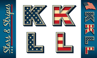 Letters K and L. Stylized vector initials with USA flag elements and colors, isolated on white with example on dark background.