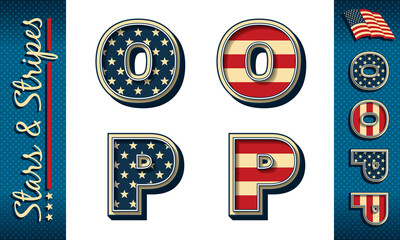 Letters O and P. Stylized vector initials with USA flag elements and colors, isolated on white with example on dark background.