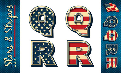 Letters Q and R. Stylized vector initials with USA flag elements and colors, isolated on white with example on dark background.