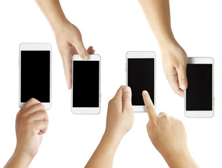 collection of Isolated male hands holding the phone similar like iphone in white background
