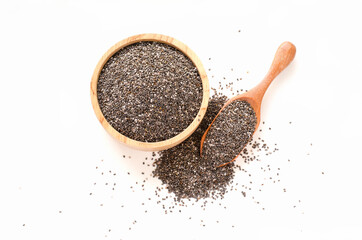 Dry organic chia seed in wooden bowl and spoon on white background