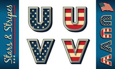 Letters U and V. Stylized vector initials with USA flag elements and colors, isolated on white with example on dark background.