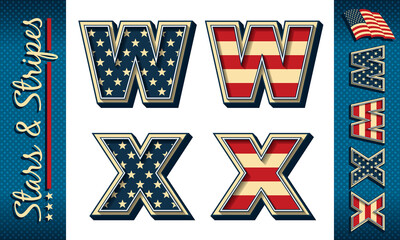 Letters W and X. Stylized vector initials with USA flag elements and colors, isolated on white with example on dark background.