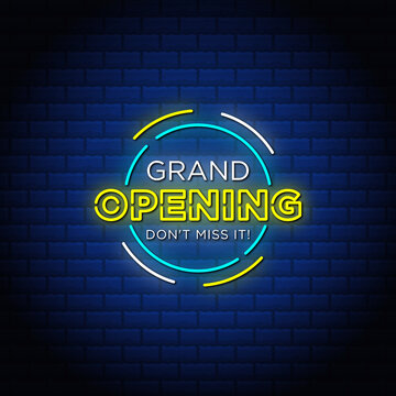 Grand Opening Neon Banner - Don't Miss It Text Sign With Bricks Background.