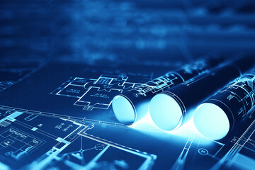 Blue-white construction drawings on the table. The concept of construction, architecture, design,...