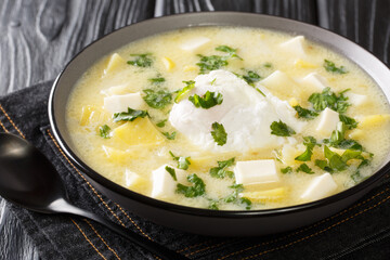 Delicious latino american chicken broth with potatoes, eggs, white cheese and cilantro close-up in a bowl on the table. horizontal