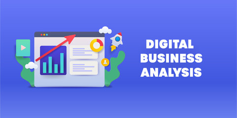 3d illustration - Digital business growth and data analysis, cloud computing, information marketing dashboard.  Web banner template.