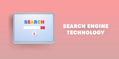 Search browser window on tablet screen. Search engine optimization technology, seo concept. 3d style illustration, web banner concept.