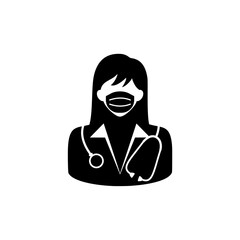 Female doctor in a protective mask with a stethoscope icon isolated on white background