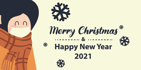 Merry Christmas and New Year 2021 background image with beautiful woman.