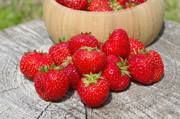 Ripe strawberries on an old stump in the garden close-up