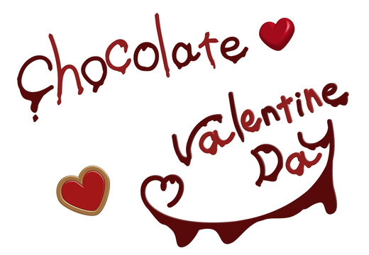 ツヤのある溶けたチョコ風のチョコレートとバレンタインデーの文字素材セット