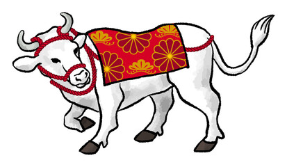 後ろを振り向く衣装を着た白い牛　アナログタッチ