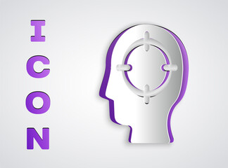 Paper cut Head hunting icon isolated on grey background. Business target or Employment sign. Human resource and recruitment for business. Paper art style. Vector.